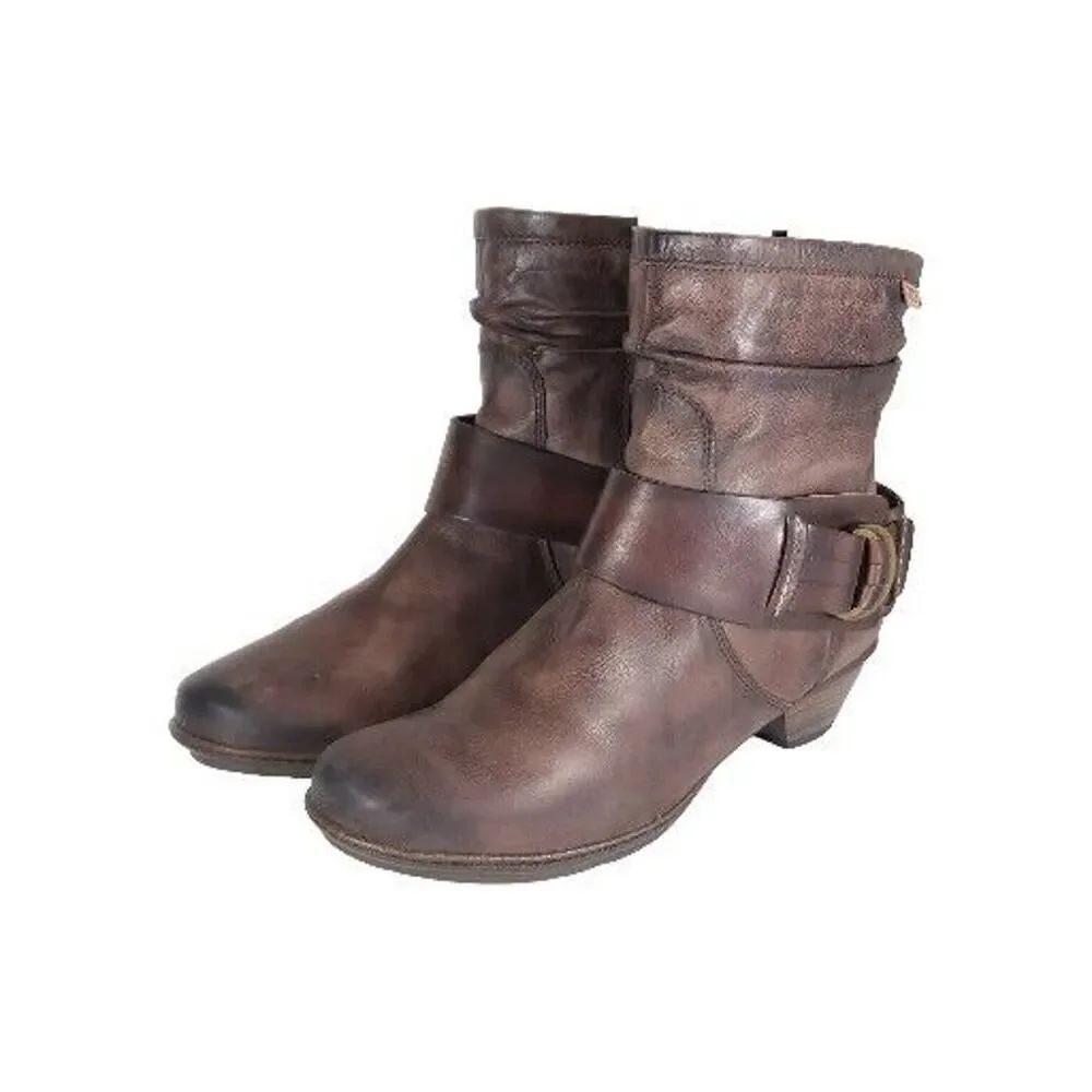 PIKOLINOS Women's Brujas EU40 US9-9,5 Brown Leather Buckle Slouch Ankle Boots